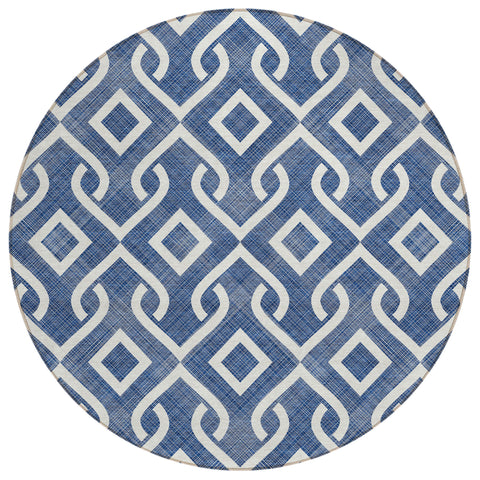 8' Navy Blue And Ivory Round Geometric Washable Indoor Outdoor Area Rug