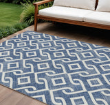 8' X 10' Navy Blue And Ivory Geometric Washable Indoor Outdoor Area Rug