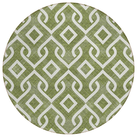 8' Olive Green And Ivory Round Geometric Washable Indoor Outdoor Area Rug