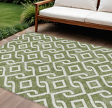 8' X 10' Olive Green And Ivory Geometric Washable Indoor Outdoor Area Rug