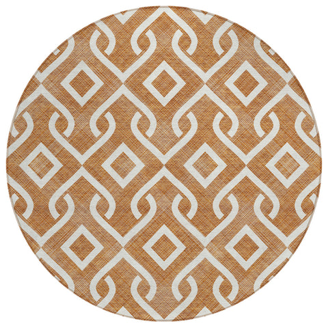8' Orange And Ivory Round Geometric Washable Indoor Outdoor Area Rug