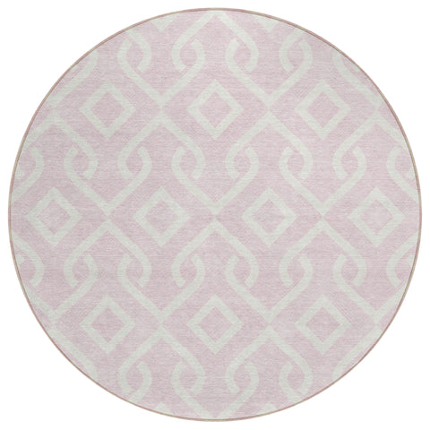 8' Pink And Ivory Round Geometric Washable Indoor Outdoor Area Rug