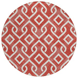 8' Red And Ivory Round Geometric Washable Indoor Outdoor Area Rug