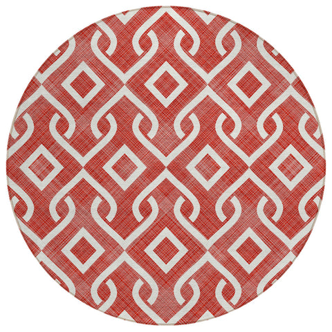 8' Red And Ivory Round Geometric Washable Indoor Outdoor Area Rug