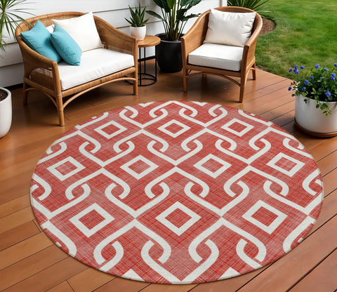 8' Red And Ivory Round Geometric Washable Indoor Outdoor Area Rug