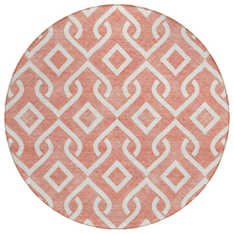8' Salmon And Ivory Round Geometric Washable Indoor Outdoor Area Rug