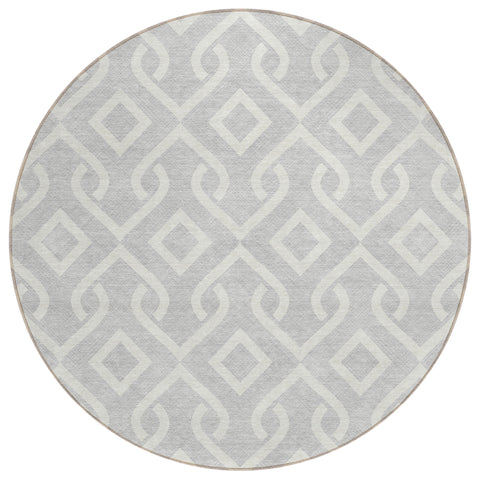 8' Silver And Ivory Round Geometric Washable Indoor Outdoor Area Rug