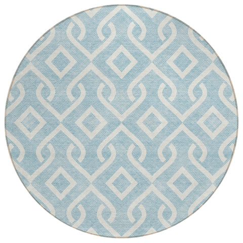 8' Sky Blue And Ivory Round Geometric Washable Indoor Outdoor Area Rug
