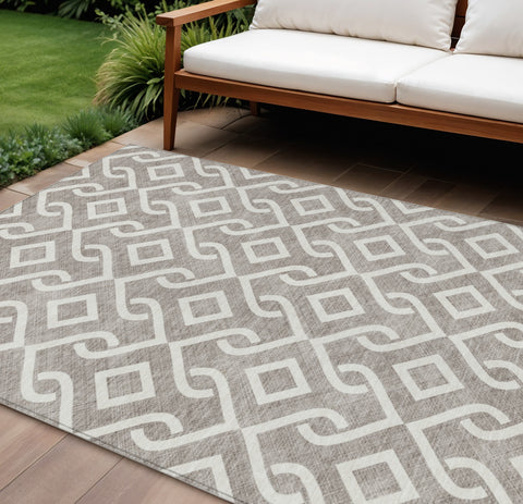 5' X 8' Taupe And Ivory Geometric Washable Indoor Outdoor Area Rug