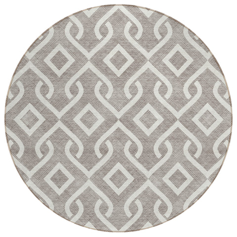 8' Taupe And Ivory Round Geometric Washable Indoor Outdoor Area Rug