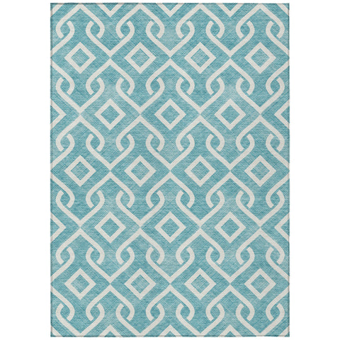 3' X 5' Teal Blue And Ivory Geometric Washable Indoor Outdoor Area Rug