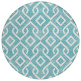 8' Teal Blue And Ivory Round Geometric Washable Indoor Outdoor Area Rug