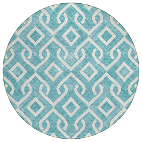 8' Teal Blue And Ivory Round Geometric Washable Indoor Outdoor Area Rug
