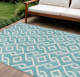 8' X 10' Teal Blue And Ivory Geometric Washable Indoor Outdoor Area Rug