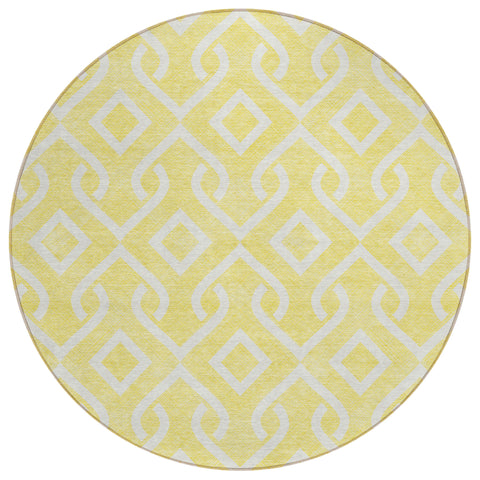 8' Yellow And Ivory Round Geometric Washable Indoor Outdoor Area Rug