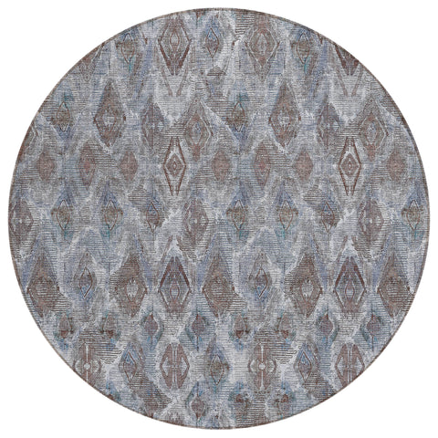 8' Sky Blue And Silver Round Geometric Washable Indoor Outdoor Area Rug