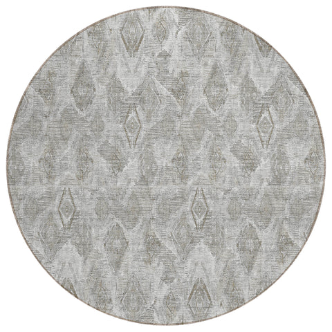 8' Silver Gray And Pewter Round Geometric Washable Indoor Outdoor Area Rug
