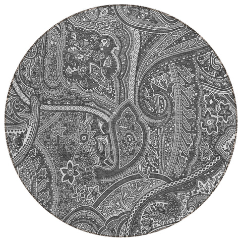 8' Gray Silver And Charcoal Round Paisley Washable Indoor Outdoor Area Rug