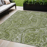 5' X 8' Artichoke Green And Olive Green Paisley Washable Indoor Outdoor Area Rug