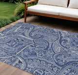 3' X 5' Navy Blue And Sky Blue Paisley Washable Indoor Outdoor Area Rug