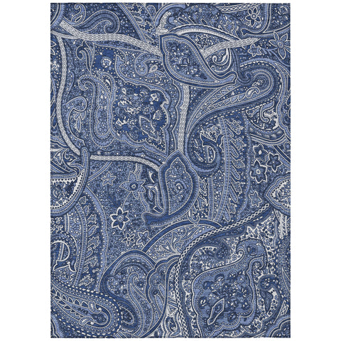 5' X 8' Navy Blue And Sky Blue Paisley Washable Indoor Outdoor Area Rug