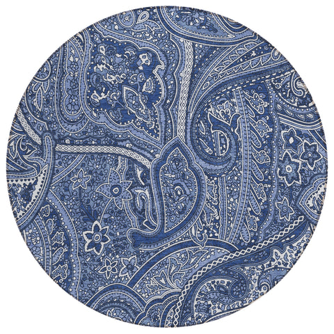 8' Navy Blue And Sky Blue Round Paisley Washable Indoor Outdoor Area Rug