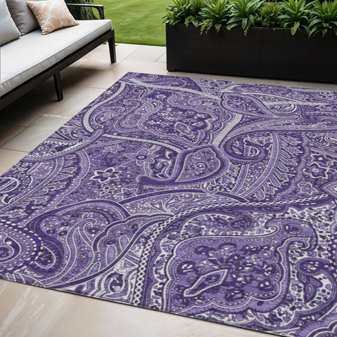 5' X 8' Purple Lavender And Silver Paisley Washable Indoor Outdoor Area Rug