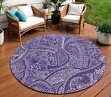 8' Purple Lavender And Silver Round Paisley Washable Indoor Outdoor Area Rug