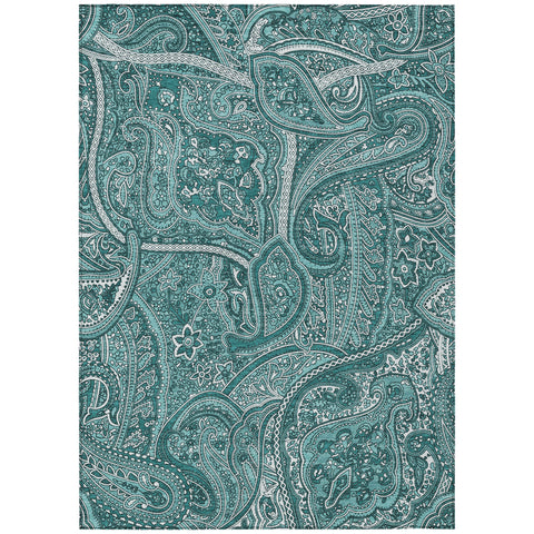 3' X 5' Teal Blue Aqua And Ivory Paisley Washable Indoor Outdoor Area Rug