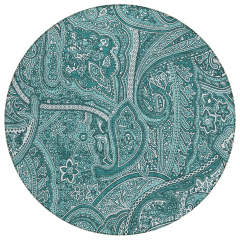 8' Teal Blue Aqua And Ivory Round Paisley Washable Indoor Outdoor Area Rug