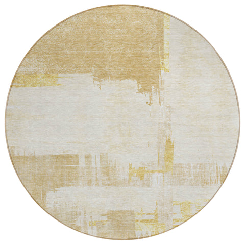 8' Beige Gold And Tan Round Abstract Washable Indoor Outdoor Area Rug