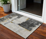 3' X 5' Gray And Tan Abstract Washable Indoor Outdoor Area Rug