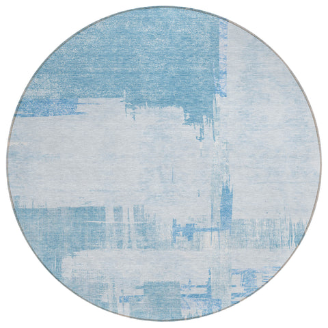 8' Sky Blue And Denim Blue Round Abstract Washable Indoor Outdoor Area Rug