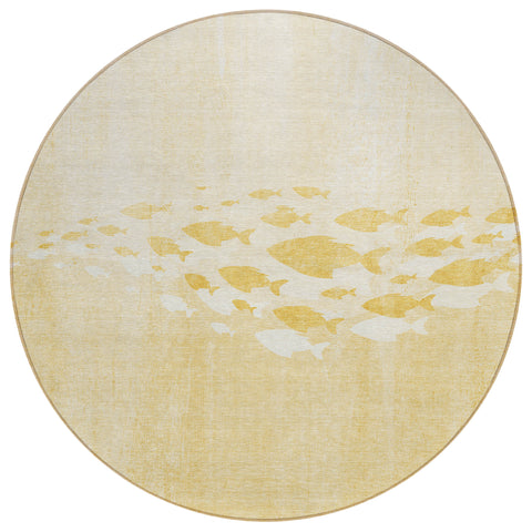 8' Gold Yellow And Wheat Round Nautical Washable Indoor Outdoor Area Rug