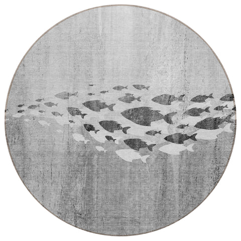 8' Gray Silver And Charcoal Round Nautical Washable Indoor Outdoor Area Rug