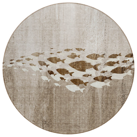 8' Taupe Brown And Khaki Round Nautical Washable Indoor Outdoor Area Rug