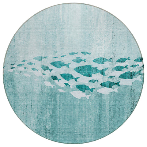 8' Teal Blue Aqua And Ivory Round Nautical Washable Indoor Outdoor Area Rug