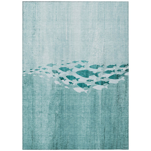 8' X 10' Teal Blue Aqua And Ivory Nautical Washable Indoor Outdoor Area Rug