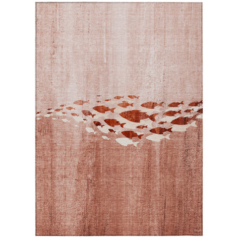 5' X 8' Terra Cotta Copper And Ivory Nautical Washable Indoor Outdoor Area Rug