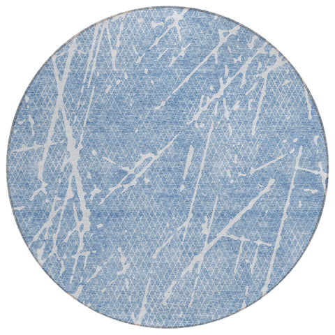 8' Blue And Ivory Round Abstract Washable Indoor Outdoor Area Rug