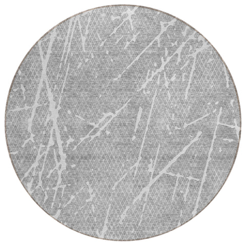 8' Gray Ivory And Silver Round Abstract Washable Indoor Outdoor Area Rug