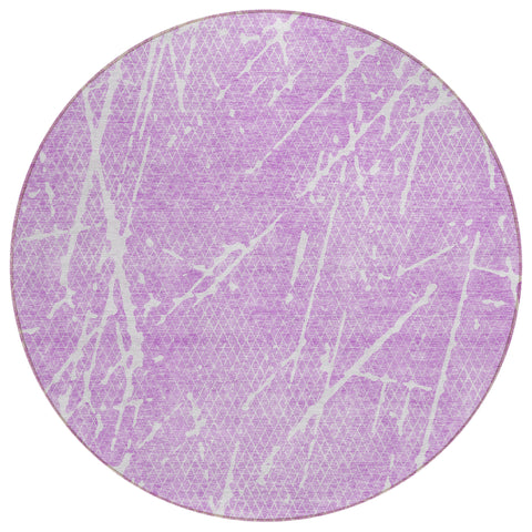 8' Lilac And Ivory Round Abstract Washable Indoor Outdoor Area Rug