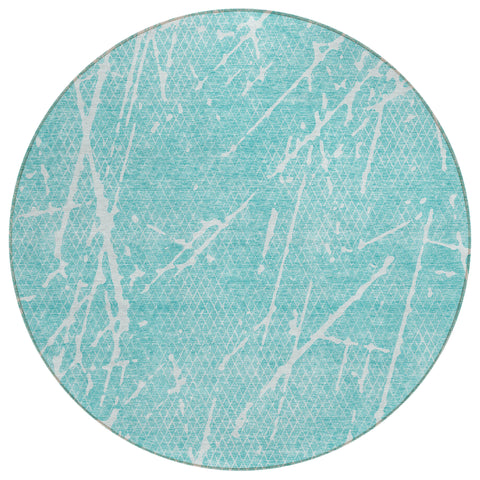 8' Teal Blue And Ivory Round Abstract Washable Indoor Outdoor Area Rug