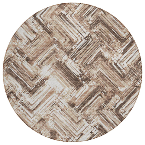 8' Brown Taupe And Tan Round Geometric Washable Indoor Outdoor Area Rug