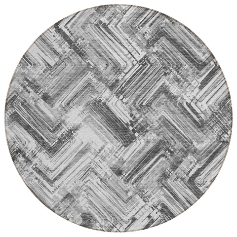 8' Gray Silver And Ivory Round Geometric Washable Indoor Outdoor Area Rug