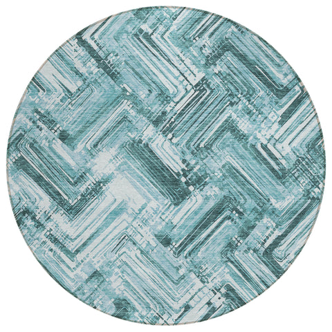 8' Teal Blue Aqua And Ivory Round Geometric Washable Indoor Outdoor Area Rug