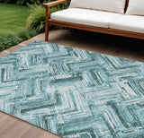 8' X 10' Teal Blue Aqua And Ivory Geometric Washable Indoor Outdoor Area Rug
