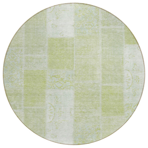 8' Artichoke Green And Ivory Round Patchwork Washable Indoor Outdoor Area Rug