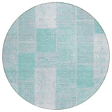 8' Aqua Teal Blue And Silver Round Patchwork Washable Indoor Outdoor Area Rug
