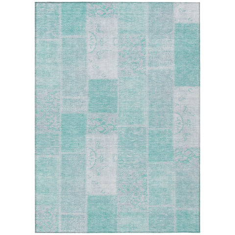 8' X 10' Aqua Teal Blue And Silver Patchwork Washable Indoor Outdoor Area Rug